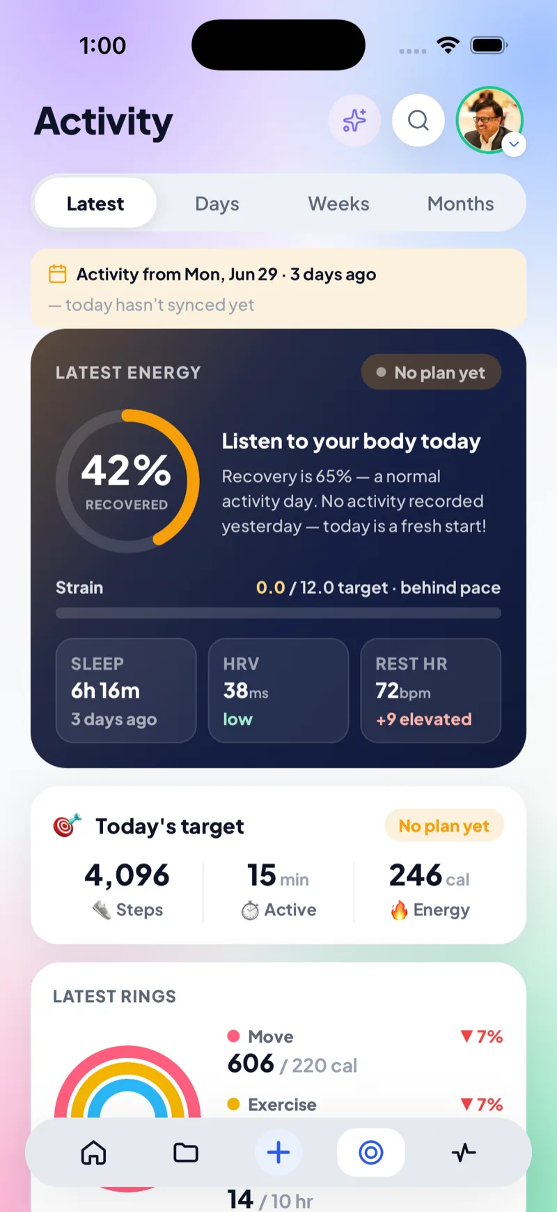 Activity screen with recovery percent, strain target, energy targets and Move/Exercise/Stand rings