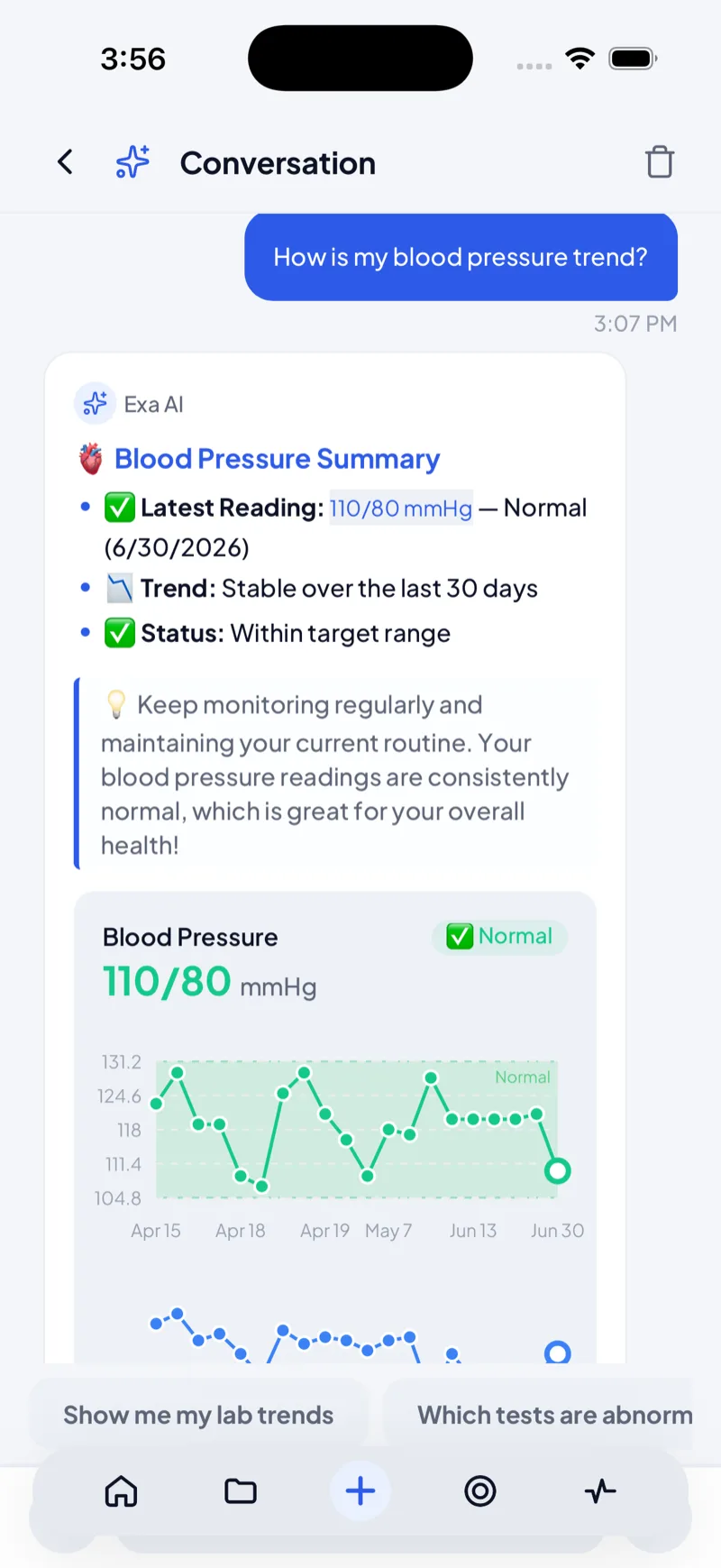 Ask Exa answering “How is my blood pressure trend?” with a live chart showing readings inside the normal band