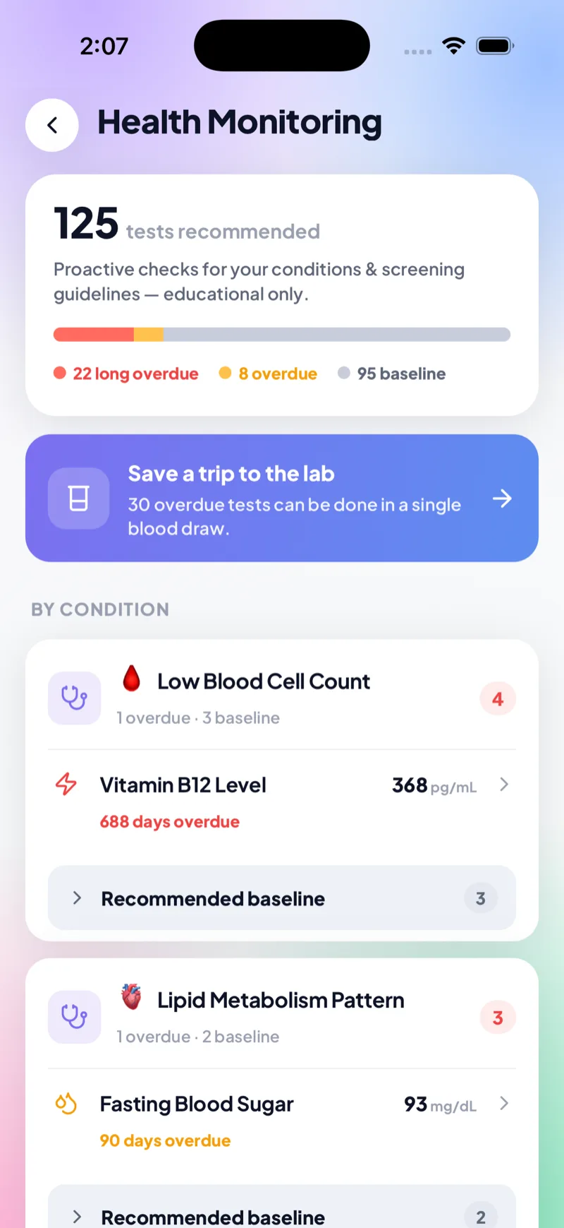 Health Monitoring screen showing 125 recommended tests, overdue flags and single blood-draw batching