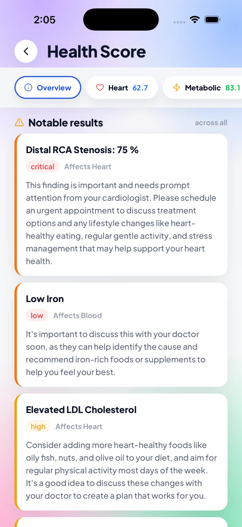 Health Score notable results listing a critical coronary stenosis, low iron and elevated LDL with guidance