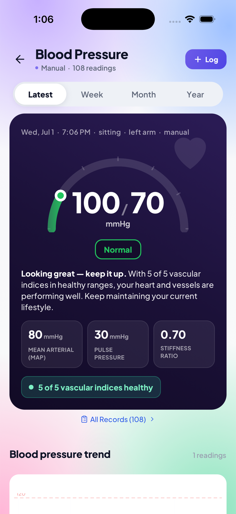 Blood pressure on the mobile app — 100/70 with MAP, pulse pressure and stiffness ratio