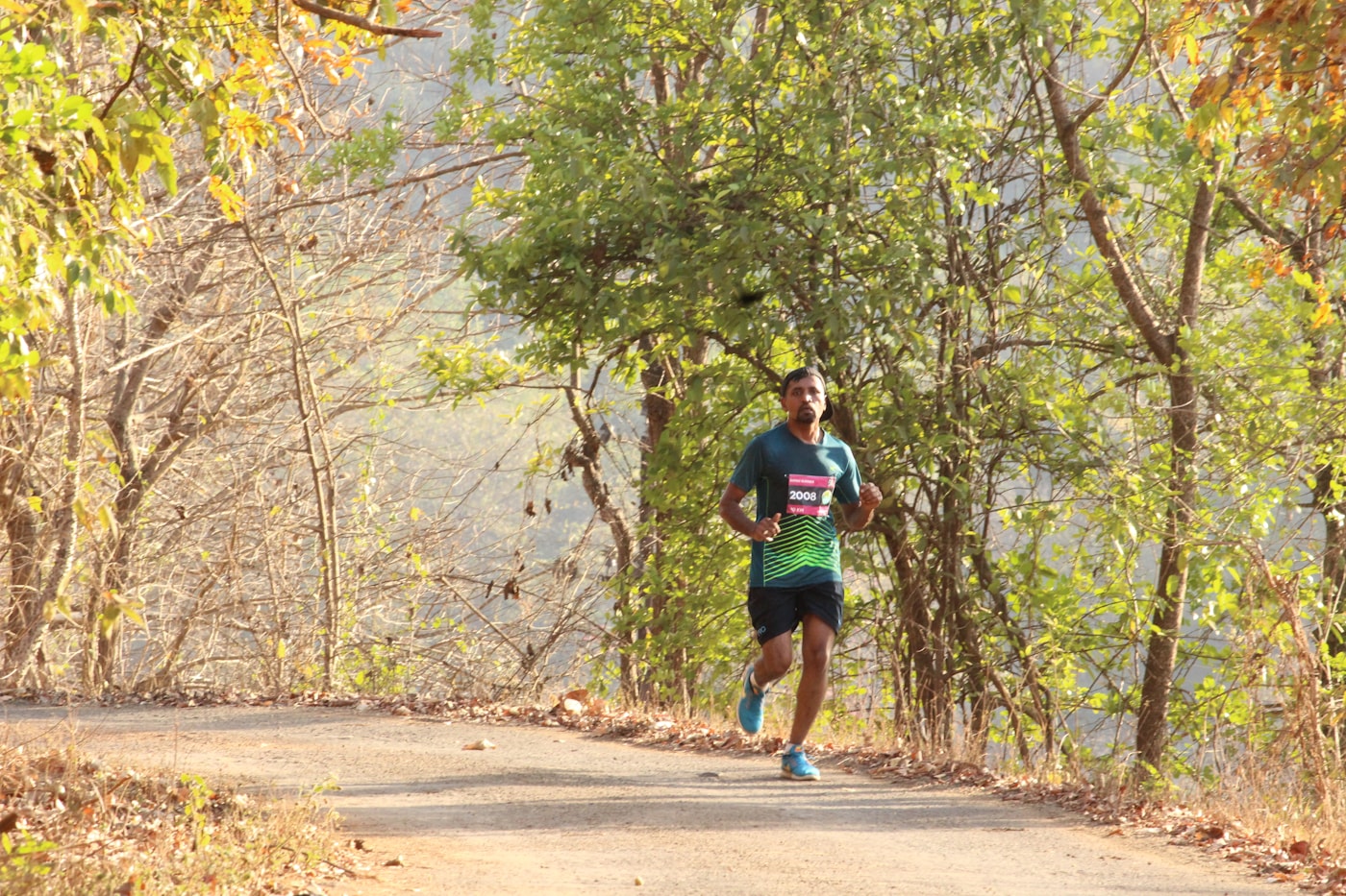 A runner on a tree-lined trail in morning light, mid-stride with a race bib