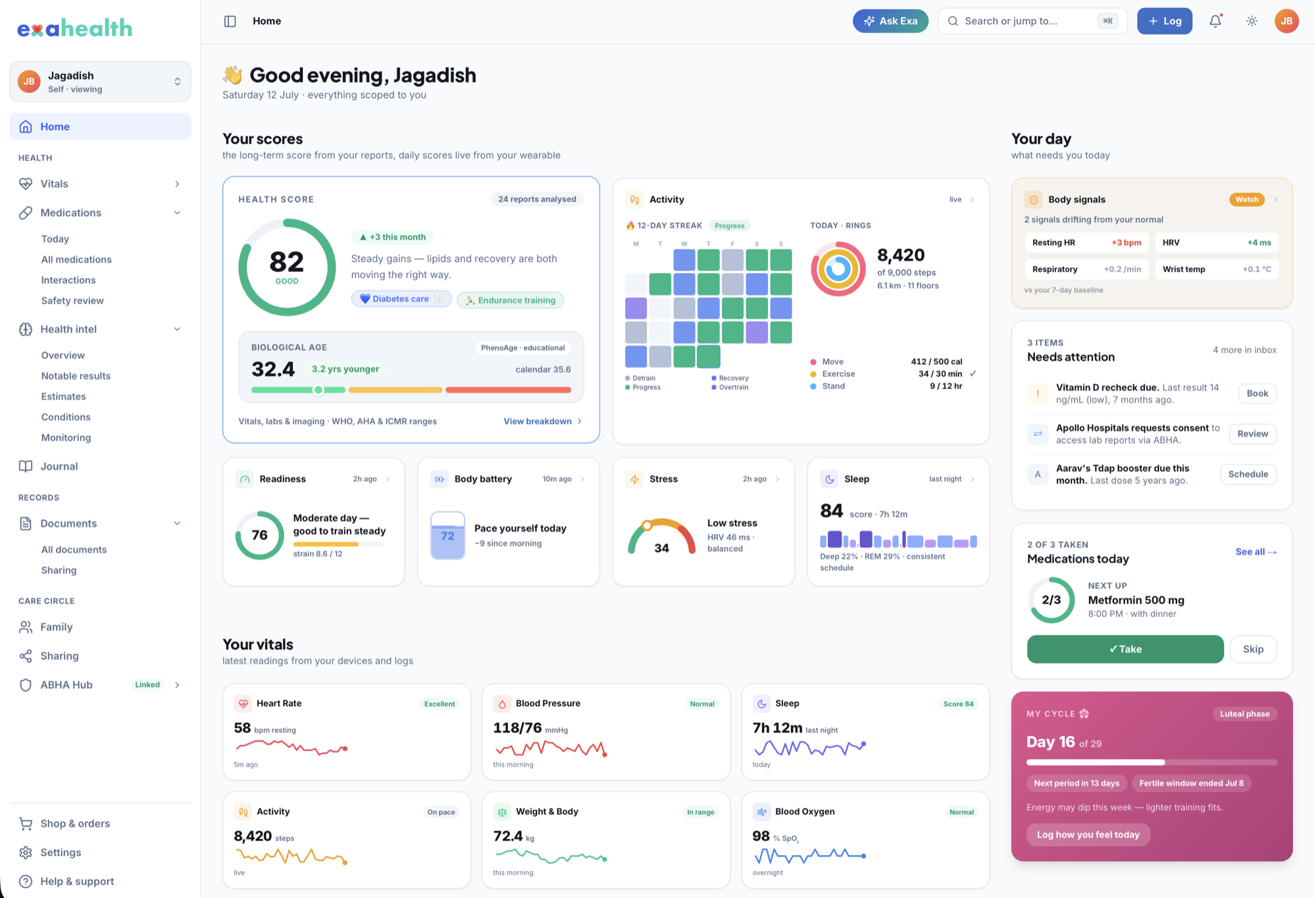 The ExaHealth web dashboard: Health Score 82 with biological age 32.4, activity streak and rings, readiness, body battery, stress and sleep tiles, today's medications, a needs-attention list and the My Cycle card
